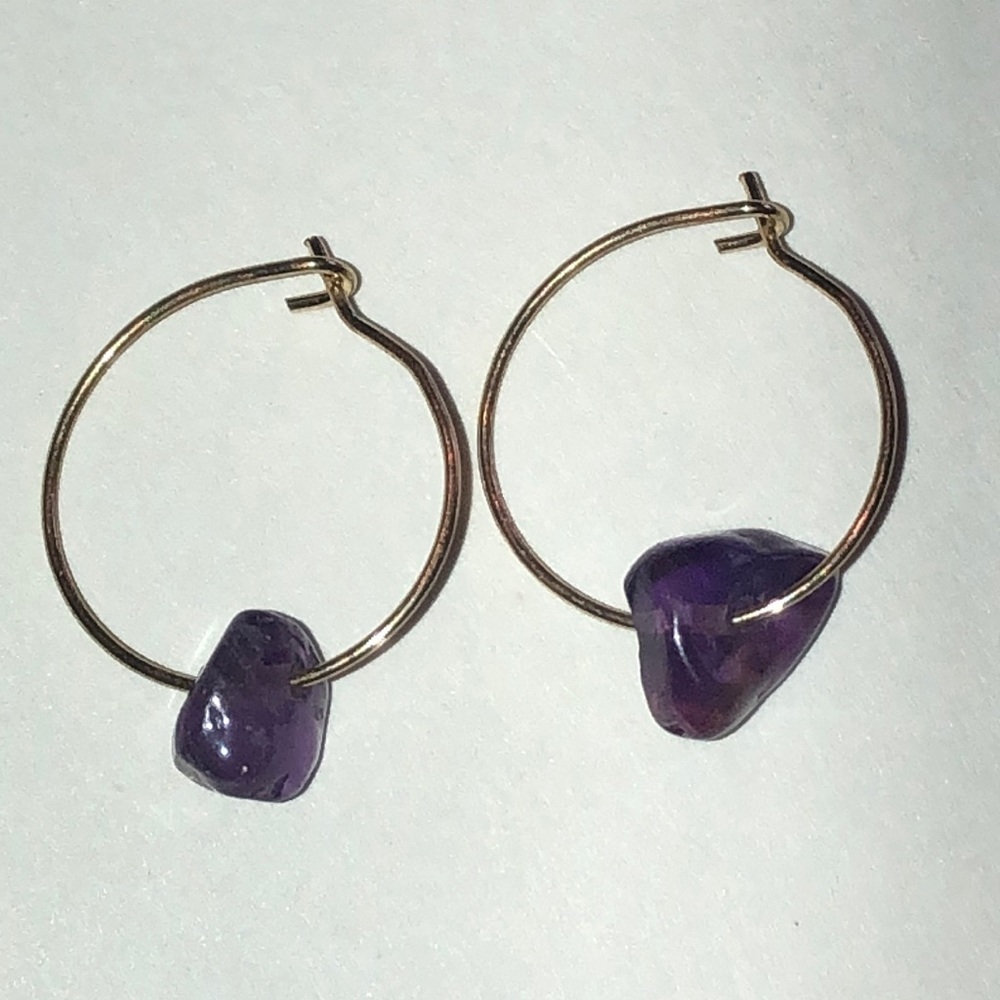 Gold Tone Dainty Hoop Earrings with Purple Amethyst Stone